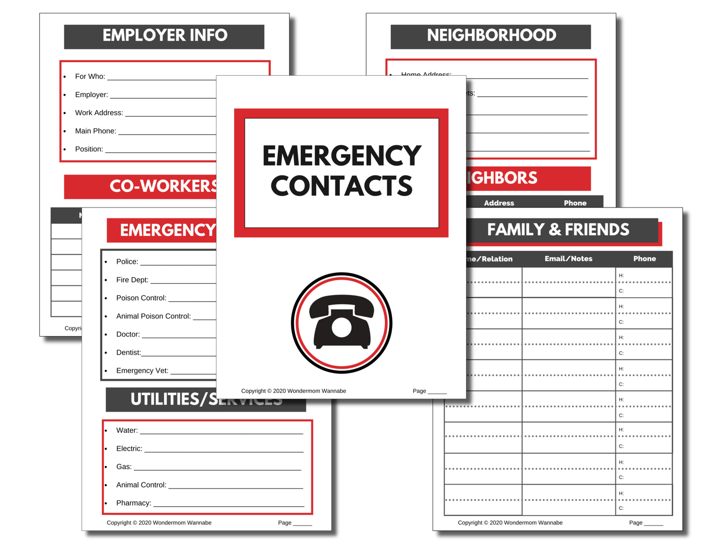 The In Case of Emergency Binder (Fillable PDF) by Wondermom Shop is perfect for organizing your emergency information, featuring sections for employer details, co-workers, emergency contacts, utilities and services, neighborhood details, neighbors, and family and friends.