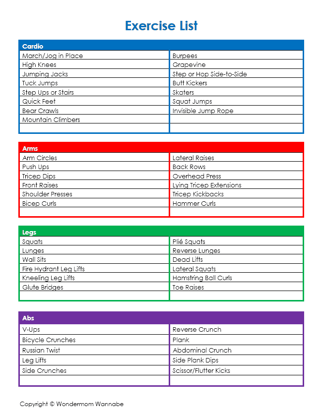 A printable VIP Vault Home Workout Exercise List with different colors.