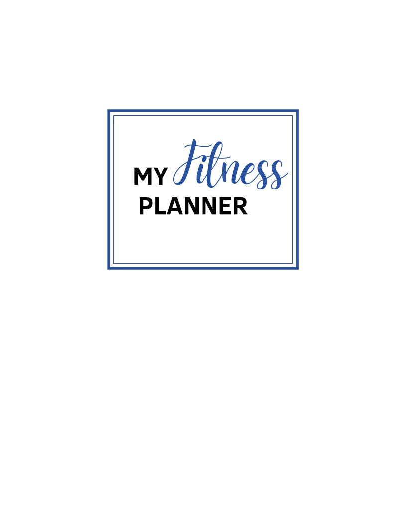 Cover page titled "My Fitness Planner" by Wondermom Shop, featuring a white background with a blue border—ideal for tracking body measurements and planning workouts.