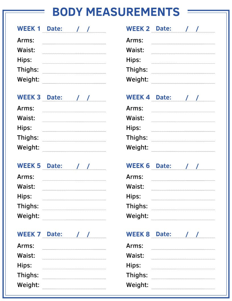 The Fitness Planner by Wondermom Shop features a "Body Measurements" template. This form includes sections for recording arms, waist, hips, thighs, and weight over 8 weeks. The planner provides fields for date and measurements each week to facilitate comprehensive body measurements tracking.