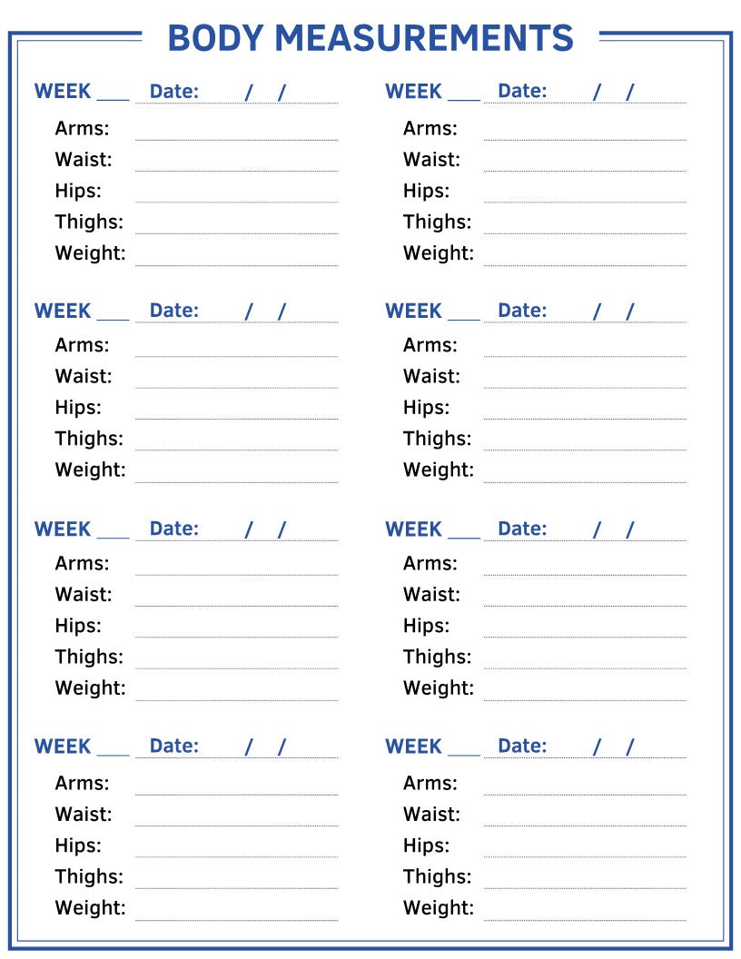 The Fitness Planner by Wondermom Shop features a body measurements chart with six sections for recording weekly measurements of your arms, waist, hips, thighs, and weight. Each section includes fields for the week, date, and specific measurements to ensure comprehensive Body Measurements Tracking.