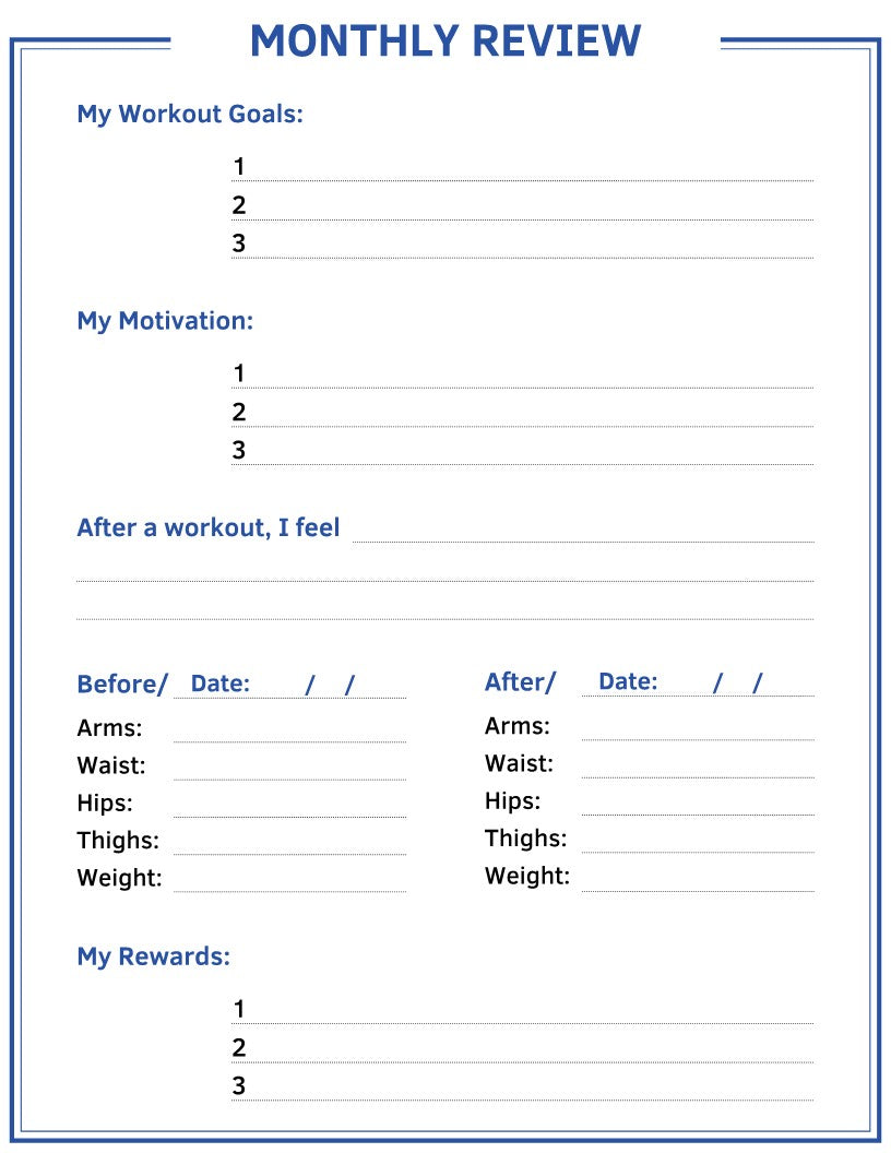 Image of a "Monthly Review" worksheet from the Wondermom Shop Fitness Planner. Sections include "My Workout Goals," "My Motivation," "After a workout, I feel," body measurements tracking for various body parts, and "My Rewards.