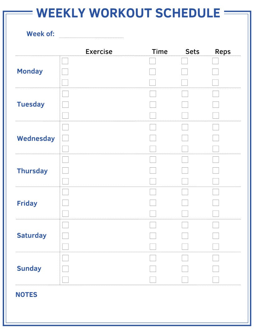 The Wondermom Shop Fitness Planner features a blank weekly workout schedule chart with sections for exercises, time, sets, and reps for each day of the week. It also includes a notes section and space for tracking body measurements.