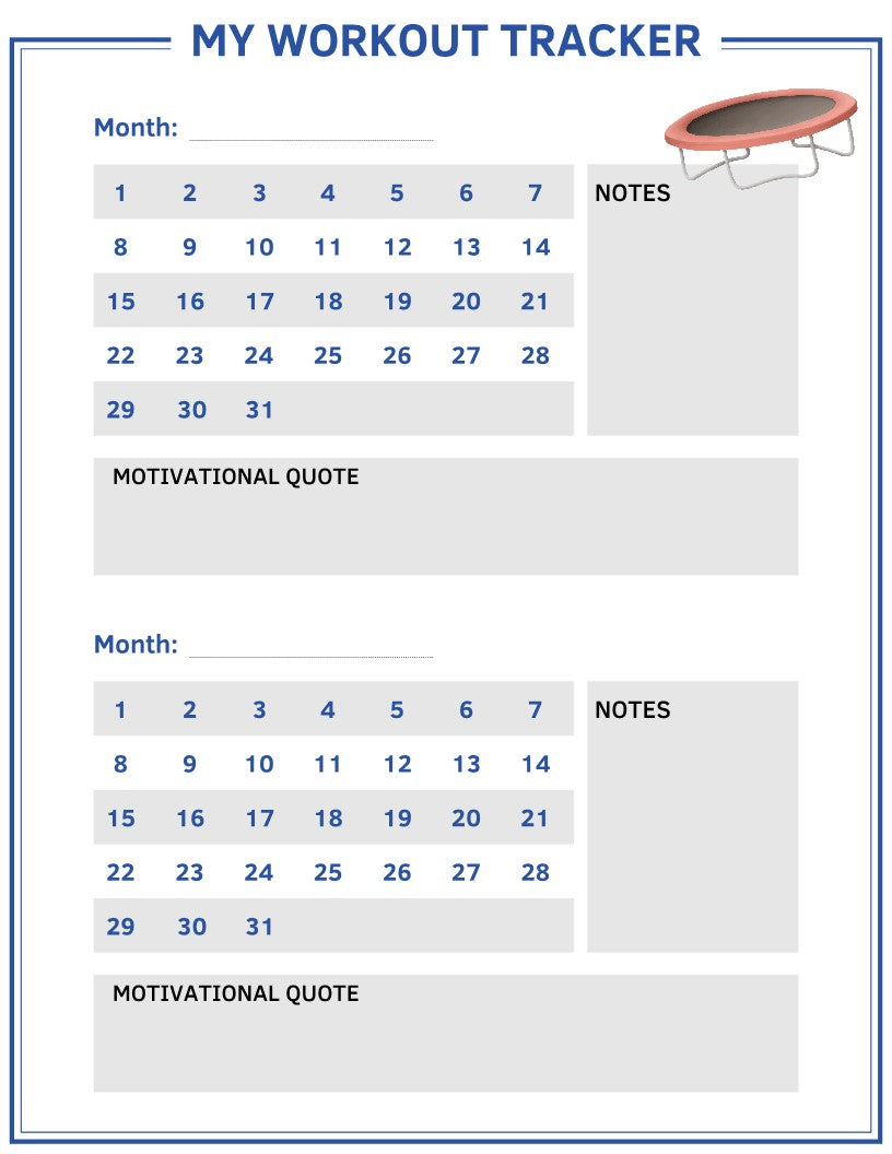 The Wondermom Shop Fitness Planner is a two-month fitness planner featuring blank spaces for dates, notes, and motivational quotes with an image of a small trampoline in the top right corner.