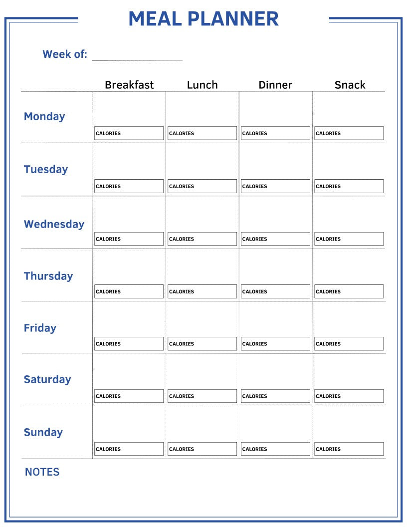 The Wondermom Shop Fitness Planner is an adaptable meal and fitness planning chart with sections for the entire week, offering columns for breakfast, lunch, dinner, and snacks. Each meal has a dedicated row to log calories. It also includes spaces for tracking body measurements and workout details, along with a notes section at the bottom.