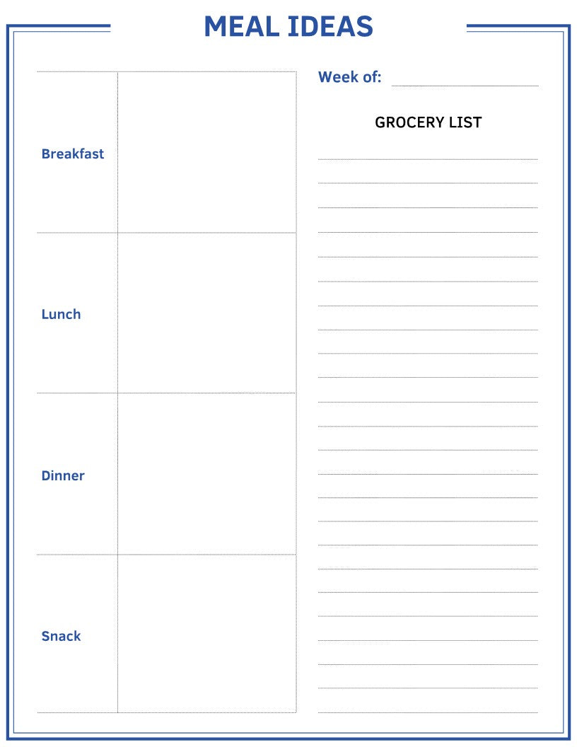 Discover the Wondermom Shop Fitness Planner—a comprehensive weekly meal planning template with sections for Breakfast, Lunch, Dinner, and Snack on the left side. On the right side, you'll find a convenient Grocery List section. Ideal for synchronizing your meal plans with your Workout Tracker!