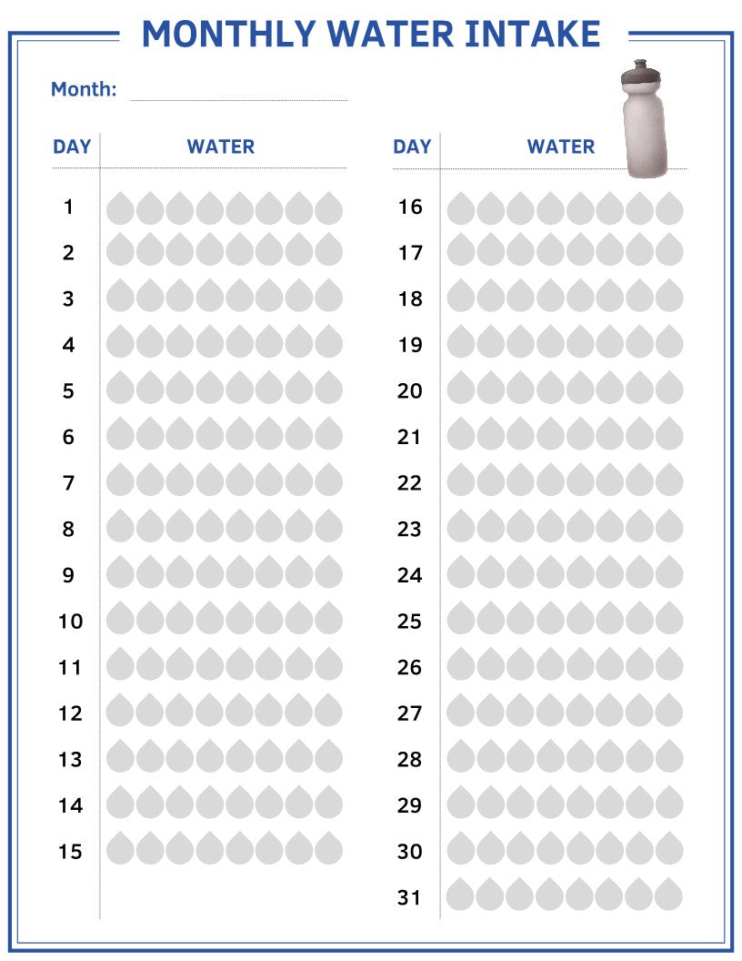 Image of Wondermom Shop's monthly water intake tracker, included in the Fitness Planner, with days 1-31 and water drops as placeholders. A water bottle icon sits in the top right corner. Users can record their daily water consumption for each day, seamlessly integrating with their Fitness Planner to maintain a holistic health routine.