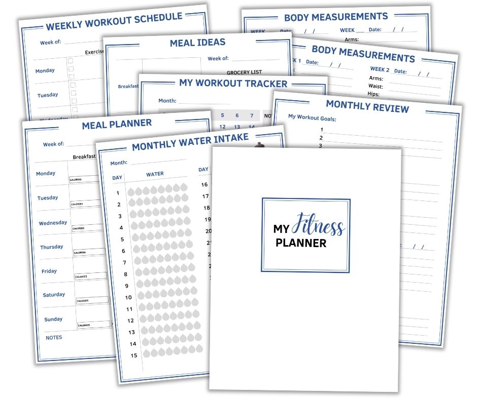 The Wondermom Shop Fitness Planner layout features an array of pages, such as a weekly workout schedule, meal planner, body measurements tracker, workout tracker, meal ideas section, and a water intake chart.