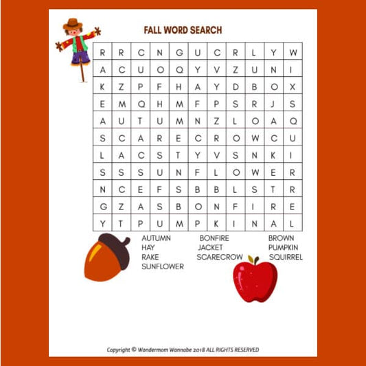 Delight in VIP Vault's Easy Fall Word Search, a cozy autumn-themed puzzle with words like autumn, scarecrow, and pumpkin. This printable features charming illustrations including a scarecrow, acorn, and apple—perfect for those snug fall days!.