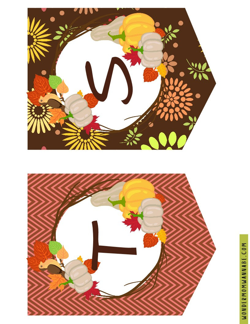 Two decorative fall-themed paper tags, one with the letter "S" and the other with the letter "T," each featuring pumpkins, leaves, and flowers on a brown and red patterned background. As part of the Fall Festival Party Kit by Wondermom Shop, these printable elements add a festive touch to any autumn celebration.