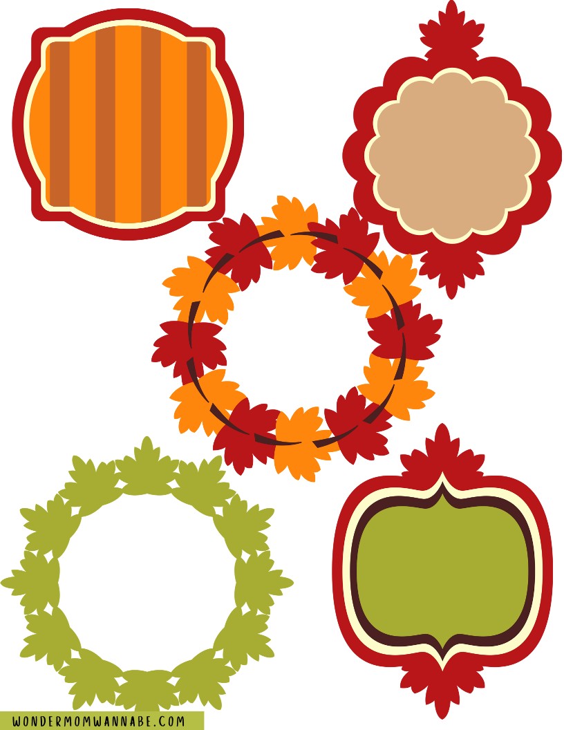 Five decorative frames with autumn-themed designs, featuring leaves and warm colors, arranged in a scattered layout. This digital product, part of the Fall Festival Party Kit by Wondermom Shop, also includes other printable elements for your seasonal gatherings.