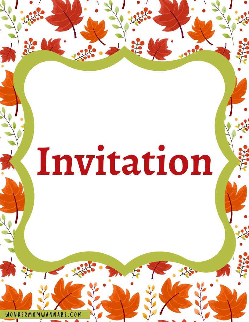 Introducing the Wondermom Shop's Fall Festival Party Kit, featuring a decorative invitation card adorned with the word "Invitation" in striking red text. The card is bordered in green and set against a fall-themed backdrop showcasing leaves and berries. This digital product is ideal for effortlessly coordinating your Fall Festival celebration with printable elements included for a seamless experience.