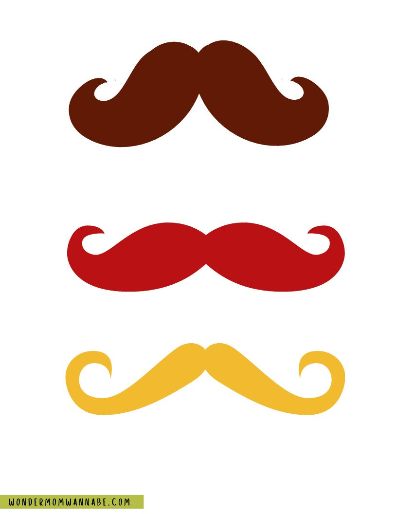 Three stylized mustache illustrations in brown, red, and yellow are arranged vertically on a white background. The bottom-left corner displays the text "WONDERMOMWANNABE.COM". This charming digital product from Wondermom Shop is perfect for adding a whimsical touch to your Fall Festival Party Kit with its printable elements.