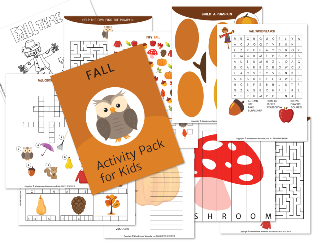 Introducing the Printable Kids Activity Books Bundle by Wondermom Shop: A delightful collection of fall-themed fun packs for kids, featuring crosswords, word searches, mazes, and drawing activities with charming illustrations of pumpkins, leaves, and mushrooms. Perfect for autumn entertainment!