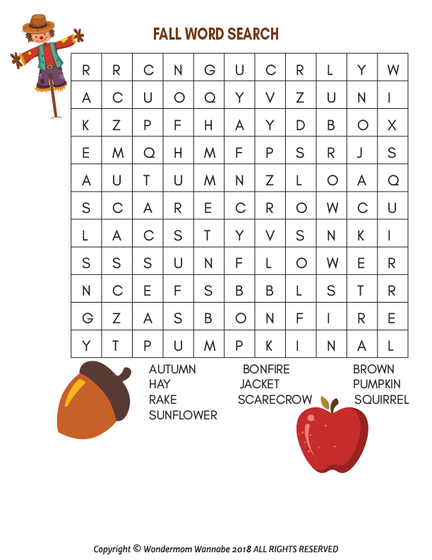 A printable Fall Activity Kit for Kids with a word search featuring an apple and a pumpkin from the Wondermom Shop.