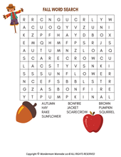 Load image into Gallery viewer, A printable Fall Activity Kit for Kids with a word search featuring an apple and a pumpkin from the Wondermom Shop.
