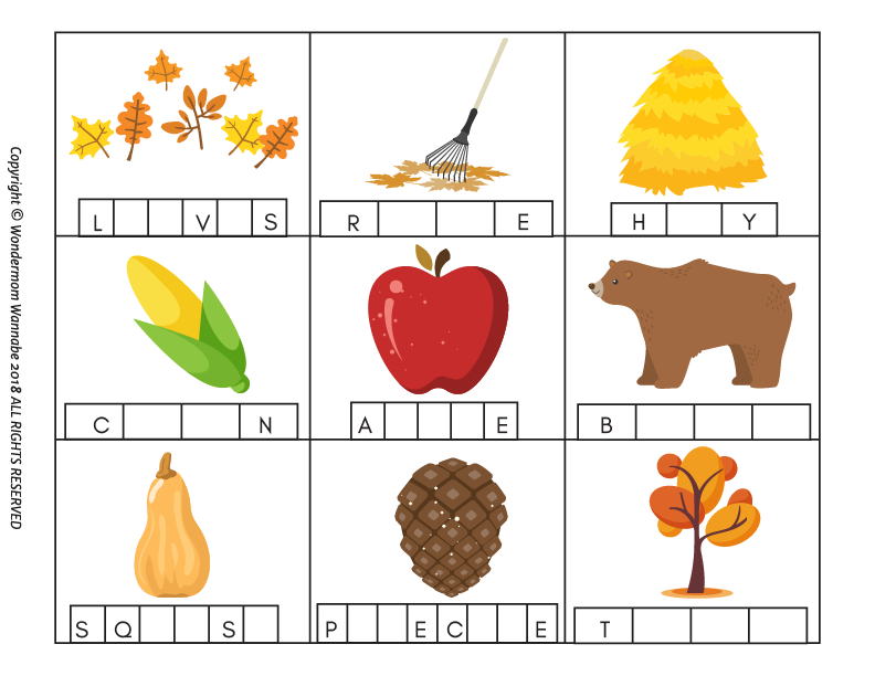A printable Fall activity kit, the Wondermom Shop Fall Activity Kit for Kids, featuring pictures of fall leaves and animals for kids.