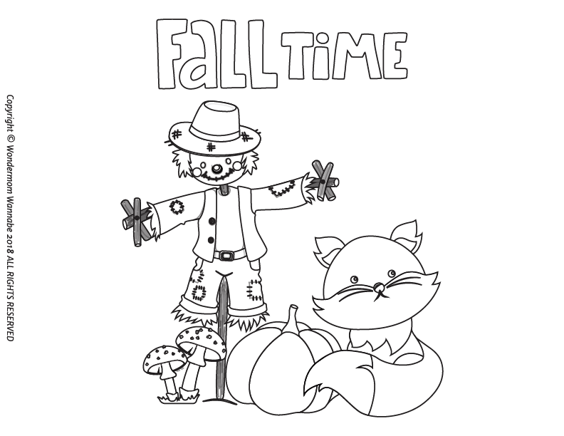 Printable Fall Activity Kit for Kids featuring a scarecrow and fox from Wondermom Shop.