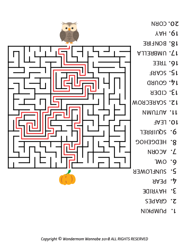 A printable Fall activity kit with a maze featuring an owl and a pumpkin, perfect for kids: The Wondermom Shop Fall Activity Kit for Kids.