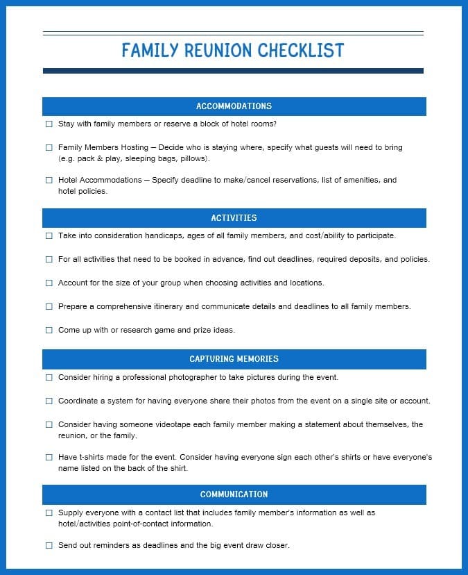Discover the Family Reunion Planner by VIP Vault, your go-to digital tool for organizing a flawless family reunion. It includes sections on accommodations, activities, capturing memories, and communication—all neatly outlined in a blue border with bullet points for effortless planning.