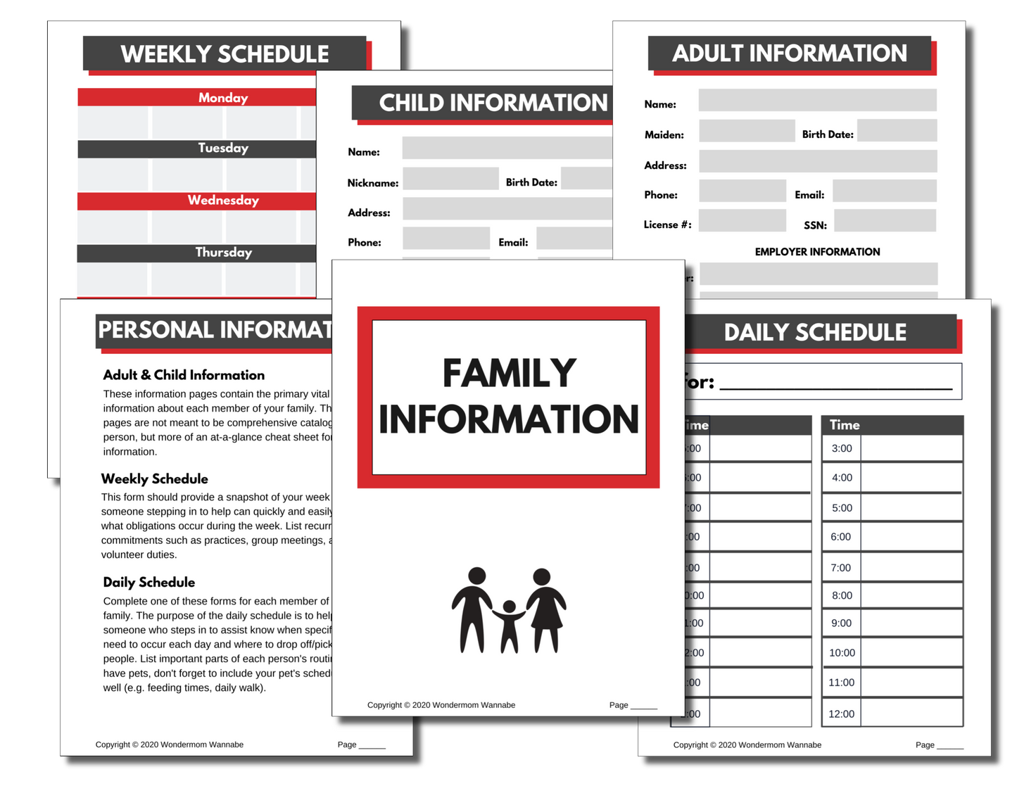 Various family information forms, including weekly schedules, child and adult information sheets, personal records, and daily schedule templates, all organized neatly within the In Case of Emergency Binder (Fillable PDF) by Wondermom Shop.