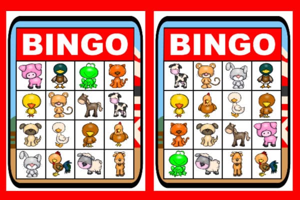 The VIP Vault Farm Bingo Card Set offers two printable cards with charming illustrations of pigs, frogs, cows, and birds against a red-bordered background, perfect for adding fun to any farm-themed party!.