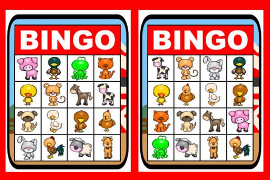 The VIP Vault Farm Bingo Card Set offers two printable cards with charming illustrations of pigs, frogs, cows, and birds against a red-bordered background, perfect for adding fun to any farm-themed party!.