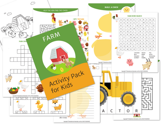 The Farm Activity Kit for Kids by Wondermom Shop features farm-themed activity sheets, including puzzles, word searches, coloring pages, and mazes. This digital product includes a cover titled "Activity Pack for Kids," showcasing a barn illustration.