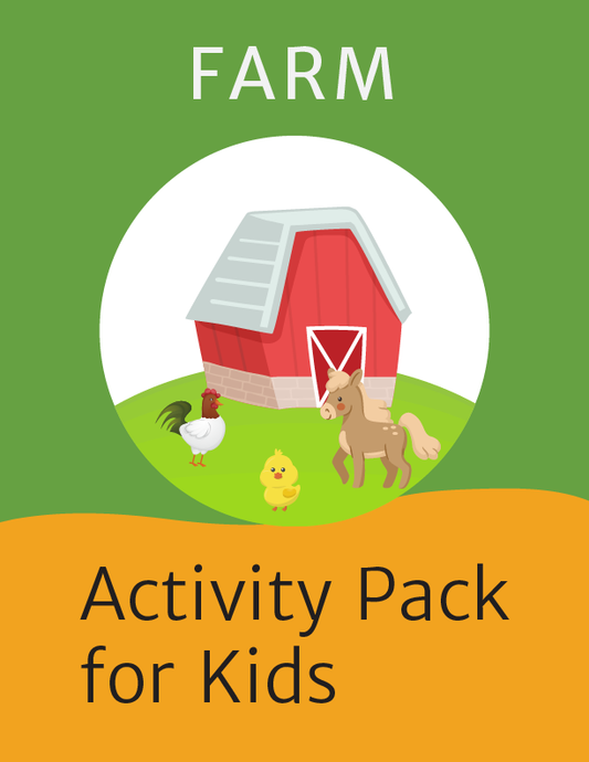 Introducing the Farm Activity Kit for Kids by Wondermom Shop! This farm-themed digital product features a charming cover with a red barn, a rooster, a chick, and a horse, providing hours of engaging fun for children.