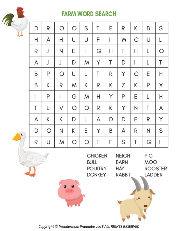 The Farm Activity Kit for Kids by Wondermom Shop features a farm-themed word search puzzle adorned with illustrations of various farm animals like a rooster, goose, pig, and donkey. The word list at the bottom includes words such as CHICKEN, BULL, POULTRY, DONKEY, and more. This printable activity kit is an ideal digital product to engage kids in fun and educational farm-related activities.