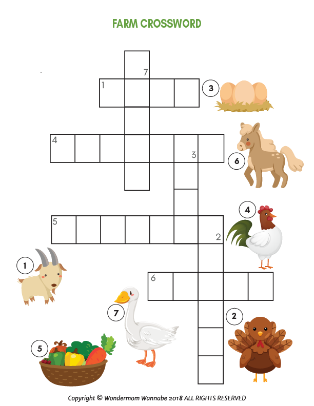 The Farm Activity Kit for Kids by Wondermom Shop includes a farm-themed crossword puzzle complete with illustrations of a goat (1), hen (2), eggs (3), horse (4), basket of vegetables (5), goose (6), and turkey (7). This printable activity kit features clues and a crossword grid, making it the perfect digital product for fun learning.