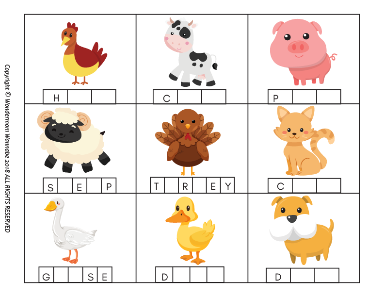 Introducing the Farm Activity Kit for Kids from Wondermom Shop! Our digital product features a grid with nine charming cartoon farm animals: chicken, cow, pig, sheep, turkey, cat, goose, duck, and dog. This engaging farm-themed activity includes missing letters and blank spaces under each image where kids can spell out the names of the animals. Enjoy hours of educational fun with this delightful printable kit!