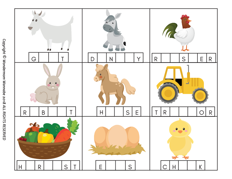 The Wondermom Shop's Farm Activity Kit for Kids includes a farm-themed word puzzle complete with images of a goat, donkey, rooster, rabbit, horse, tractor, basket of vegetables, eggs in a nest, and a chick. Blank boxes and letters are provided for children to fill in the words. This kit is perfect for entertaining and educating kids!