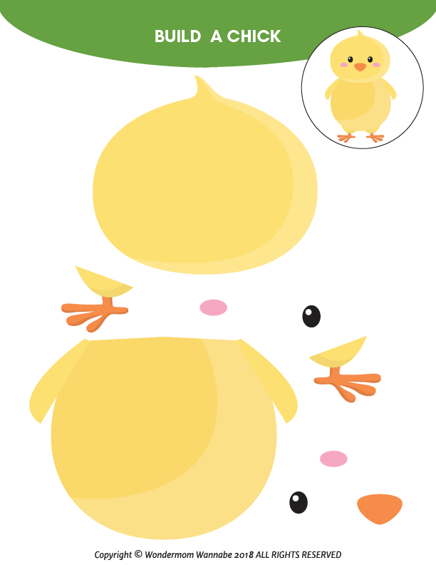 The illustrated "Build a Chick" activity sheet, featuring separate parts including the head, body, wings, feet, eyes, and beak, is part of our Farm Activity Kit for Kids by Wondermom Shop. This fun farm-themed activity is designed to be cut out and assembled into a delightful chick. Perfect as a digital product!