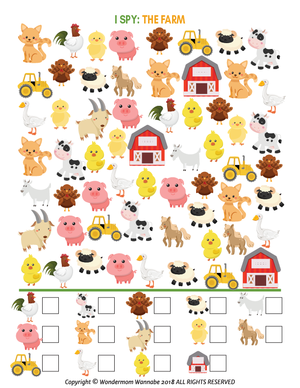 Introducing the Farm Activity Kit for Kids by Wondermom Shop. This printable kit features an assortment of farm animals and objects, including pigs, chicks, barns, and goats, all randomly scattered. A task checklist is included at the bottom with boxes to tick off items found in this fun-filled farm-themed activity.