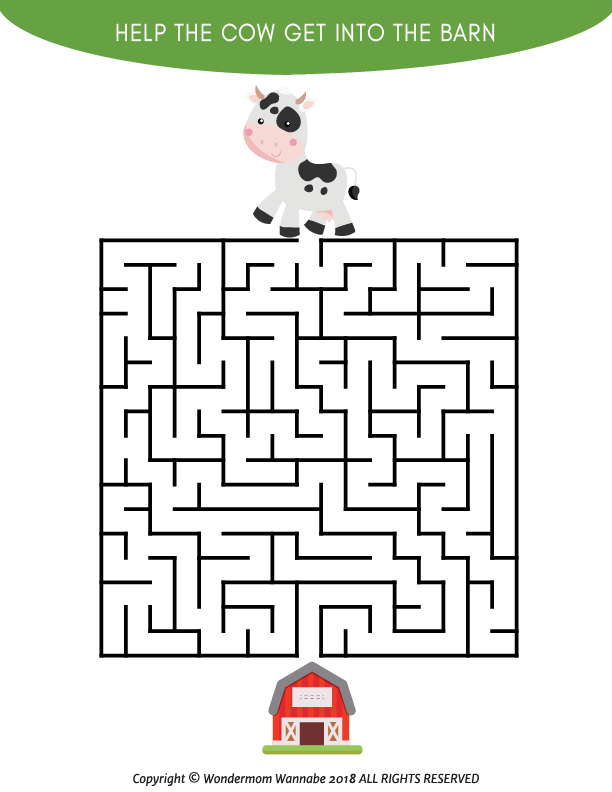 The Farm Activity Kit for Kids by Wondermom Shop includes a delightful digital maze puzzle featuring a cartoon cow at the top and a barn at the bottom, with the title, "Help the cow get into the barn." Ideal for hours of farm-themed fun, it's part of our Printable Farm Activity Kit offerings.