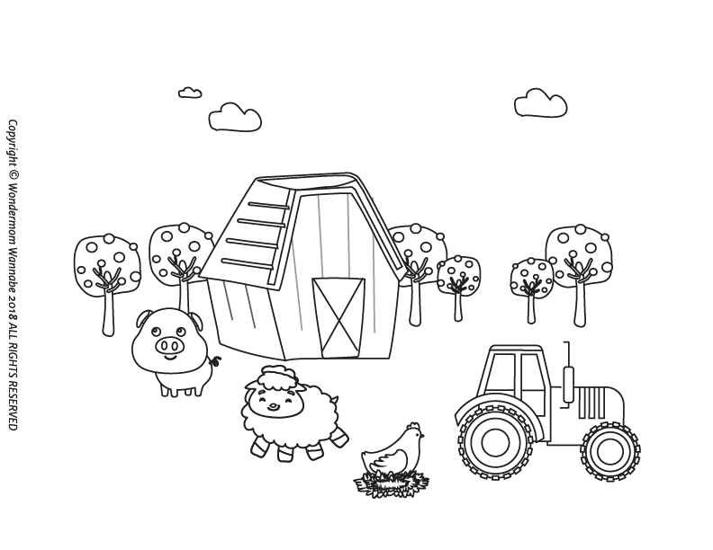 This black and white drawing of a farm scene features a barn, pig, sheep, hen with nest, tractor, and apple trees. Perfect for any farm-themed activity or our Farm Activity Kit for Kids from Wondermom Shop. This charming digital product brings the countryside to life.
