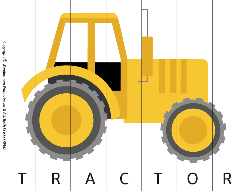 Illustration of a yellow tractor with large tires, labeled with the word "TRACTOR" below. The image includes vertical lines and a copyright notice on the left side. Perfect for any farm-themed activity, this digital product can be included in the Wondermom Shop's Farm Activity Kit for Kids.