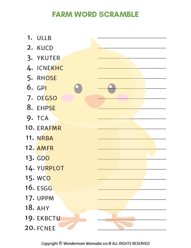 Image of a farm-themed word scramble puzzle with 20 scrambled words listed next to a cartoon chick. The **Farm Activity Kit for Kids from Wondermom Shop** is perfect for players who need to unscramble words like "ULLB," "KUCD," and "YUTKER" and fill in the blanks. A fun digital product for all ages!