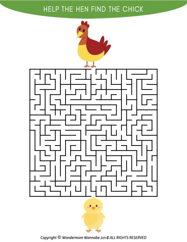 A hen stands at the top of a maze while a chick waits at the bottom. The text above reads, "Help the hen find the chick." This charming farm-themed activity is part of our Farm Activity Kit for Kids by Wondermom Shop, perfect for interactive fun!
