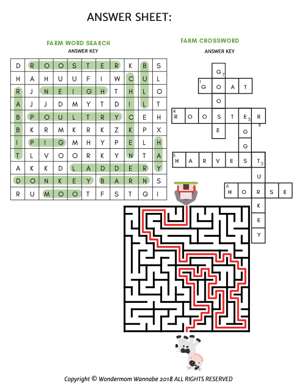 An answer sheet for the **Farm Activity Kit for Kids** by **Wondermom Shop**, featuring solutions to farm-themed word search, crossword, and maze puzzles. Words such as "rooster," "harvest," and "donkey" can be found, with the maze path highlighted in red. This digital product is perfect for farm-themed activities.
