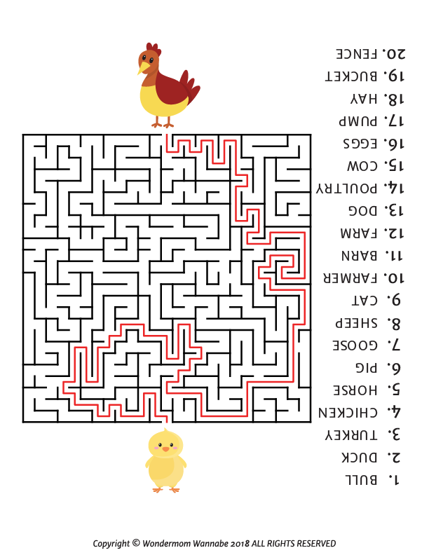 Experience an engaging farm-themed activity with the Farm Activity Kit for Kids by Wondermom Shop. This maze puzzle features adorable farm animals and words listed from 1 to 20, with the path from the chick to the hen highlighted in red. Perfect for a Printable Farm Activity Kit, this digital product promises hours of fun and learning.