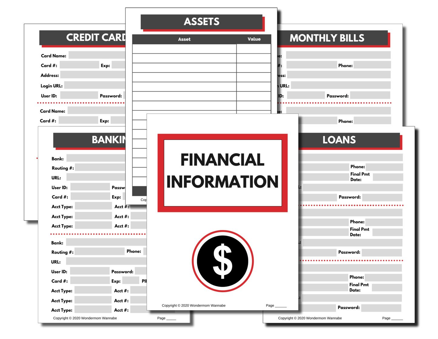 The In Case of Emergency Binder (Fillable PDF) by Wondermom Shop includes printable financial information worksheets with sections for credit cards, assets, monthly bills, banking, and loans, each providing designated spaces for relevant details and passwords.