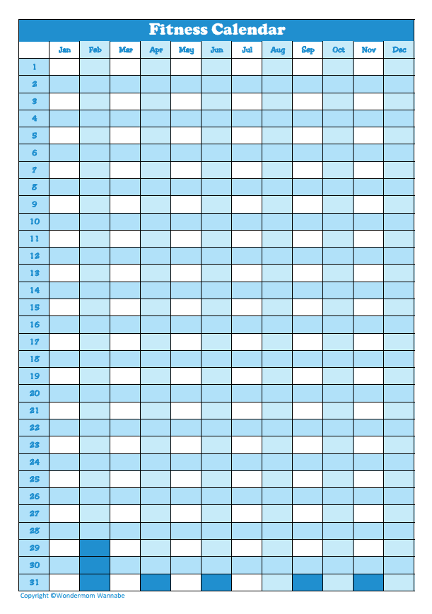 A VIP Vault Fitness Calendar with blue squares. Improve fitness.