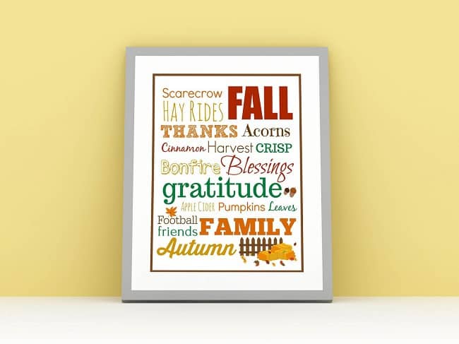 VIP Vault’s Fall Subway Art digital print features autumn-themed words like "FALL," "THANKS," "family," and "gratitude" in vibrant fonts—perfect for fall décor, especially against a yellow wall.