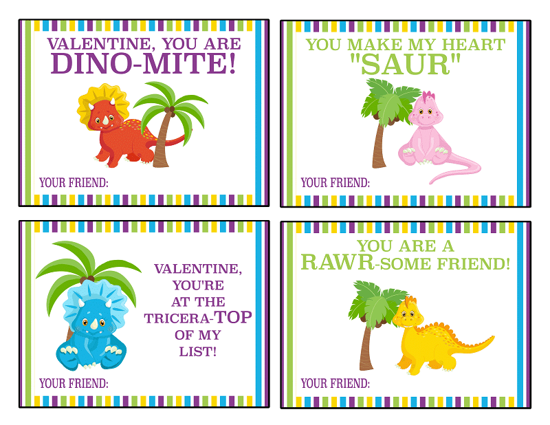 VIP Vault's Dinosaur Valentine Cards feature four vibrant, playful pun designs: Dino-mite, Saur, Tricera-top, and Rawr-some. Each card showcases a cute cartoon dino beside a palm tree with striped borders. They're delightful digital products available as free printables.