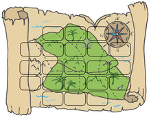 Load image into Gallery viewer, Illustration of a simplified printable Treasure Seekers Game map on aged parchment with a compass rose, marking an x for treasure, pathways, and terrain features like trees and water by Wondermom Wannabe.
