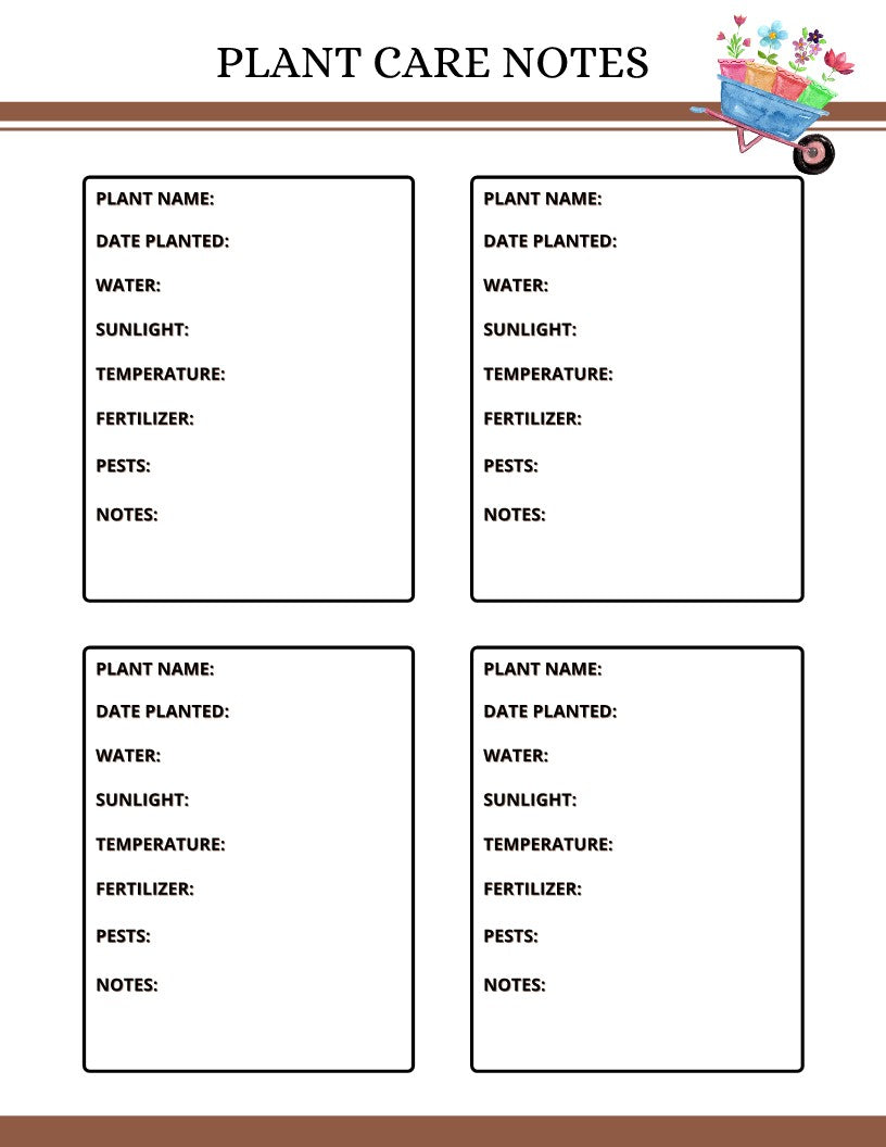 Printable Garden Planner care notes template from Wondermom Shop.