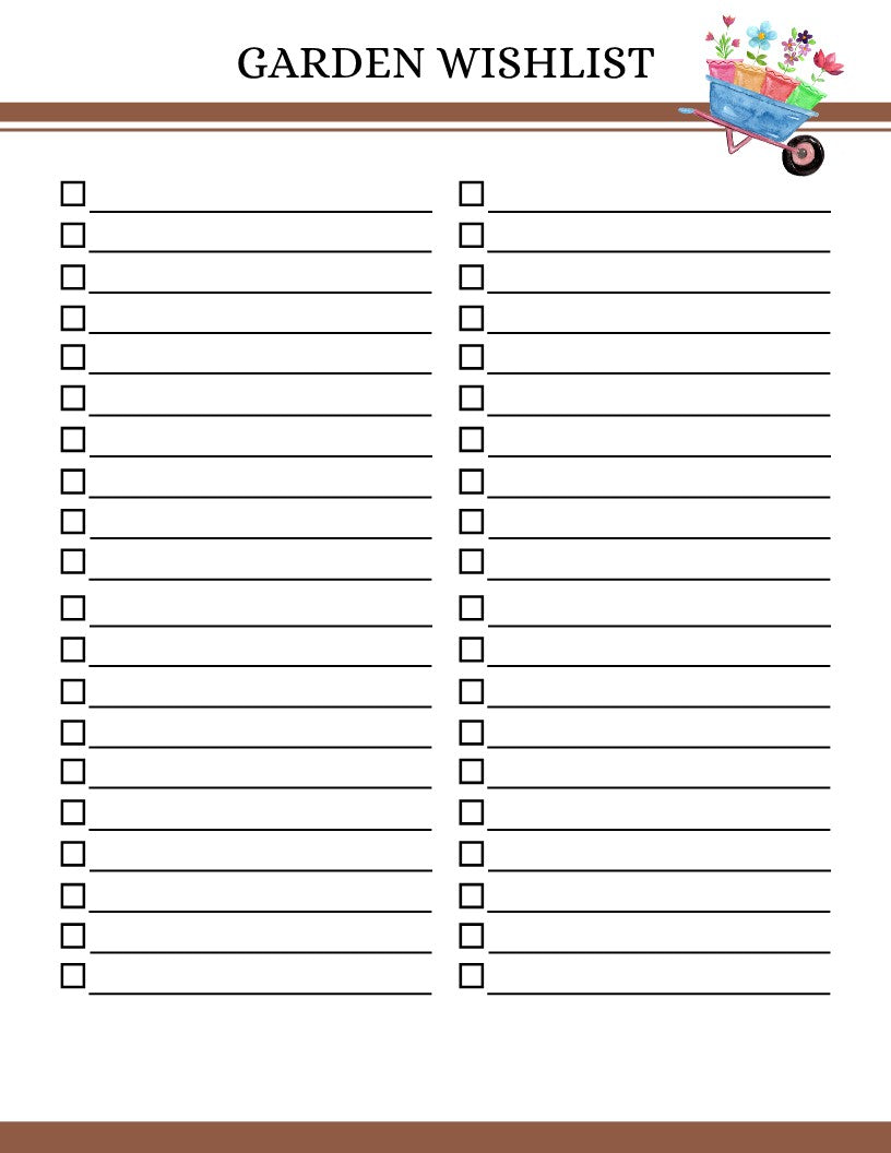 A printable Garden Planner, perfect for a Wondermom Shop garden planner. This digital product features beautiful flowers and a whimsical wagon.