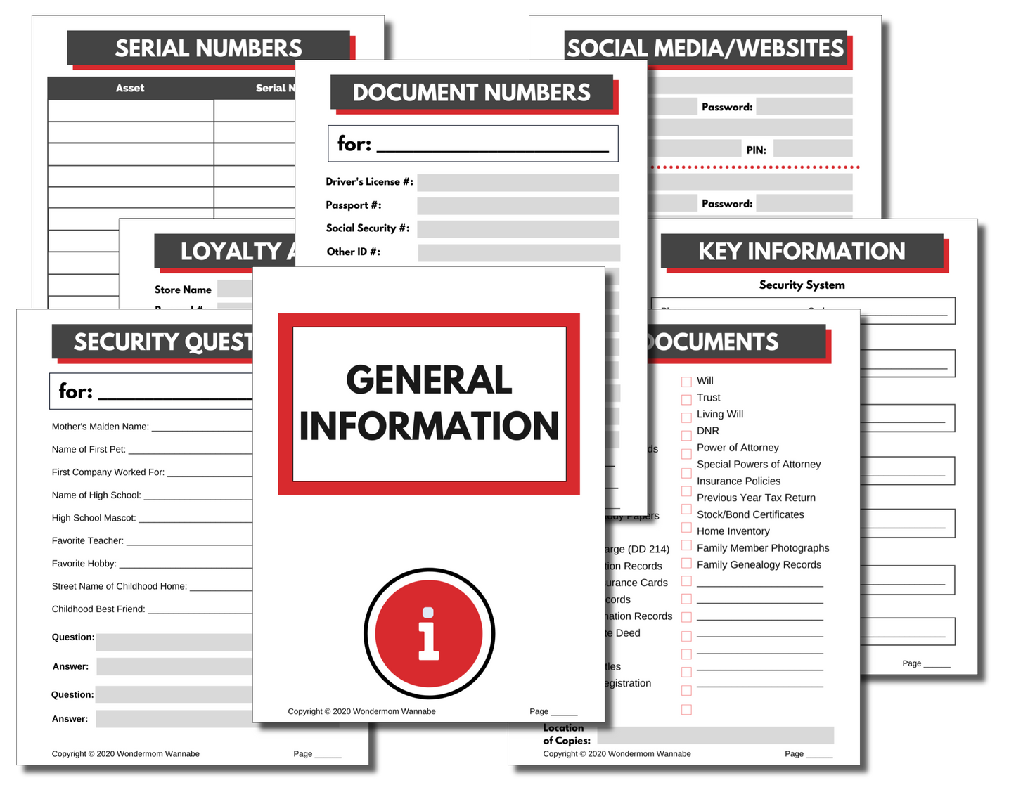 Introducing the In Case of Emergency Binder (Fillable PDF) by Wondermom Shop—a comprehensive solution featuring forms labeled “General Information” and sections for serial numbers, document numbers, social media/websites, security questions, loyalty cards, and key information.